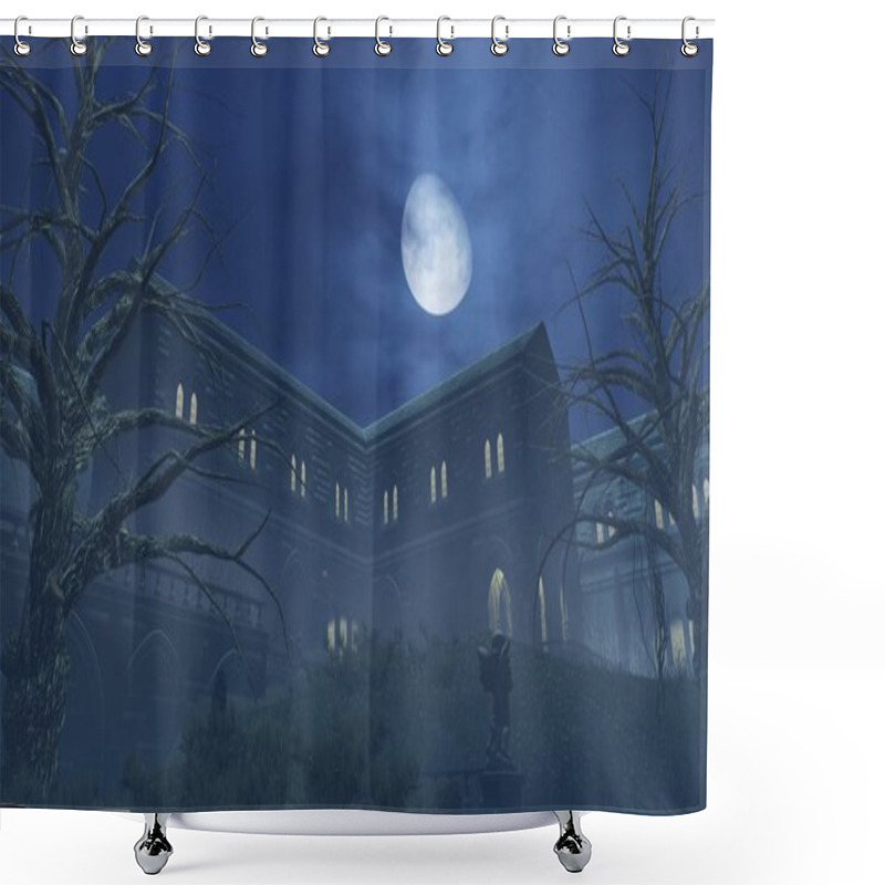 Personality  Big Half Moon Above Old Creepy Mansion Shower Curtains