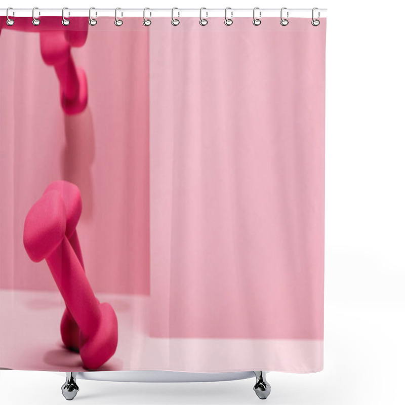 Personality  Pink Bright Dumbbells Flying In Air On Pink Background With Copy Space Shower Curtains