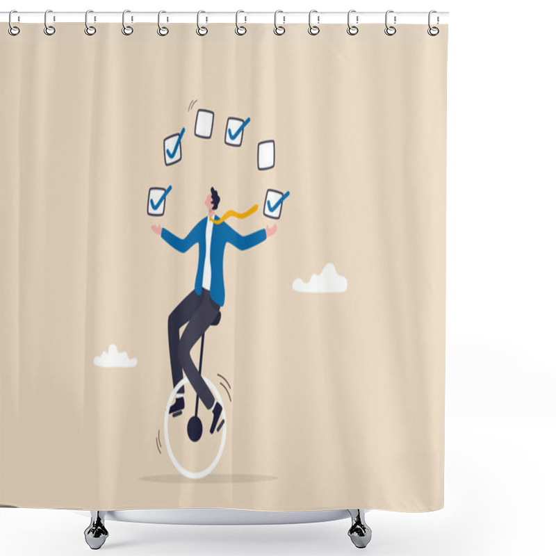 Personality  Todo List Professional, Business Or Work Accomplishment, Project Management To Track Completed Tasks Or Checklist To Check For Completion Concept, Businessman Juggling Checkbox On Unicycle. Shower Curtains