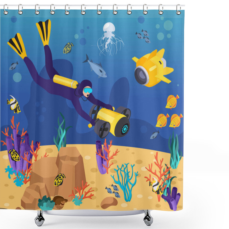 Personality  Underwater Vehicles Machines Equipment Isometric Composition Shower Curtains