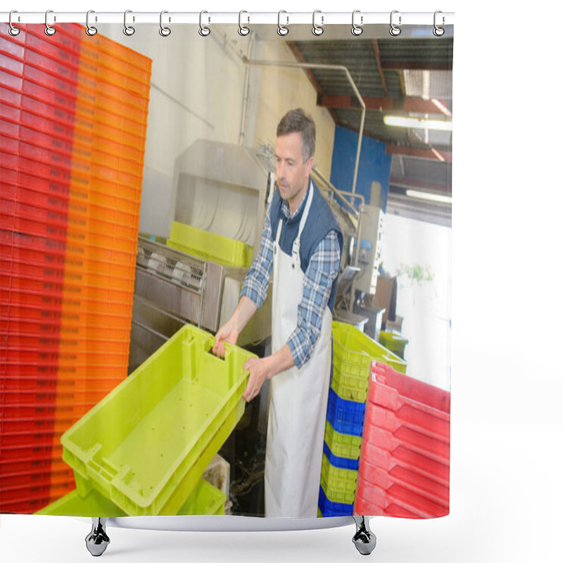 Personality  Factory Worker Stacking Plastic Crates Shower Curtains