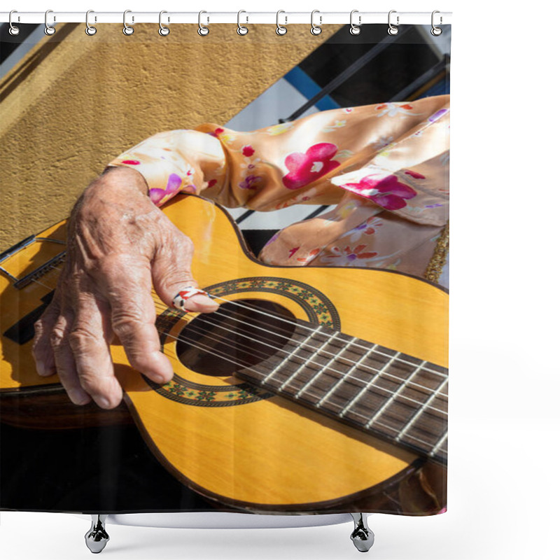 Personality  Detail Of A Gentleman Playing The Guitar During The Folia De Reis Folk Festival. Sunny Day; Colorful Clothes Shower Curtains