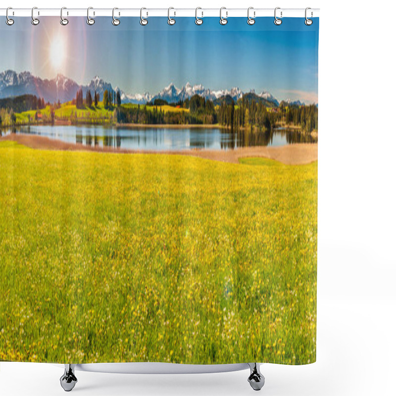 Personality  Panoramic Landscape With Alps Mountain Range At Springtime Shower Curtains