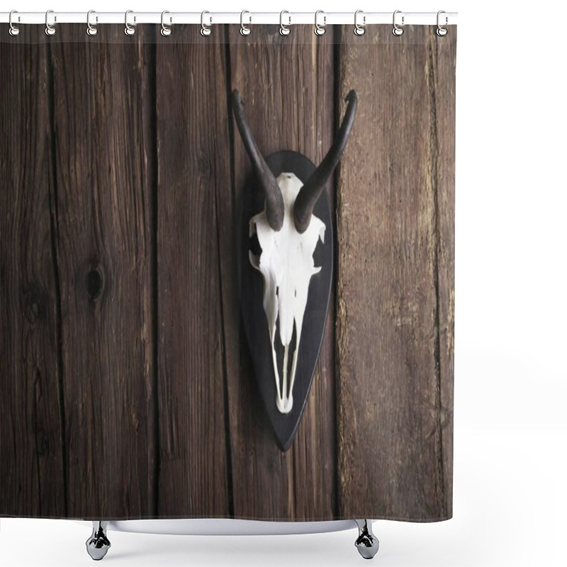 Personality  Skull Of A Chamois, Rupicapra Rubicapra On A Rustic Wooden Wall Shower Curtains