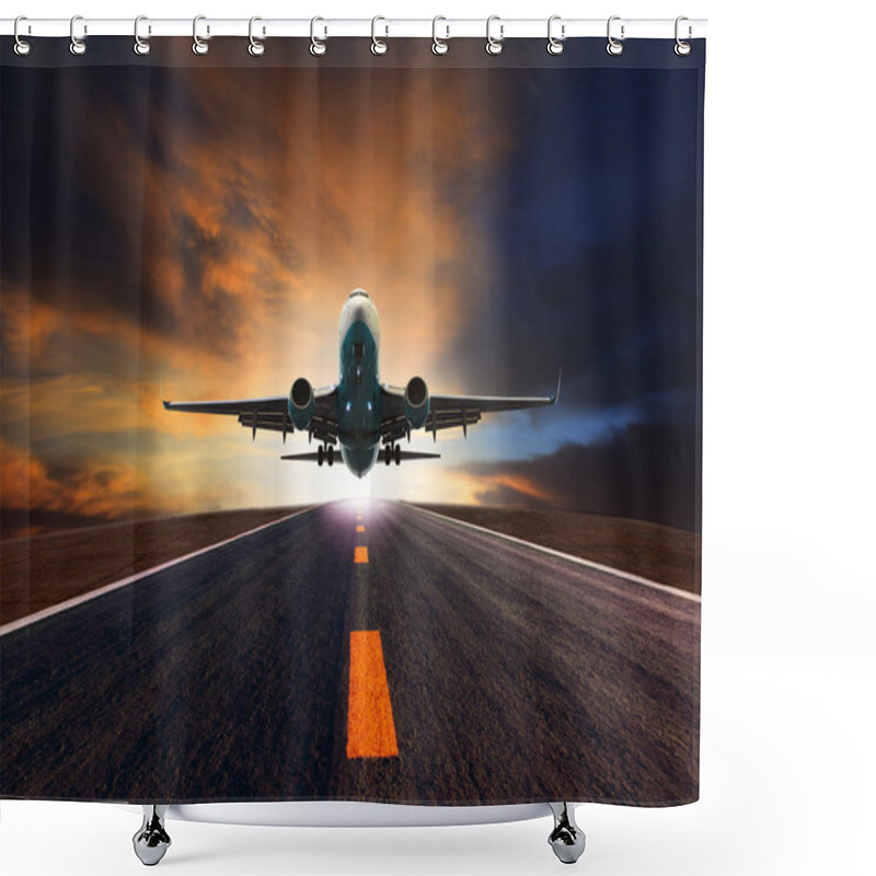 Personality  Passenger Jet Plane Flying Over Airport Runway Against Beautiful Shower Curtains