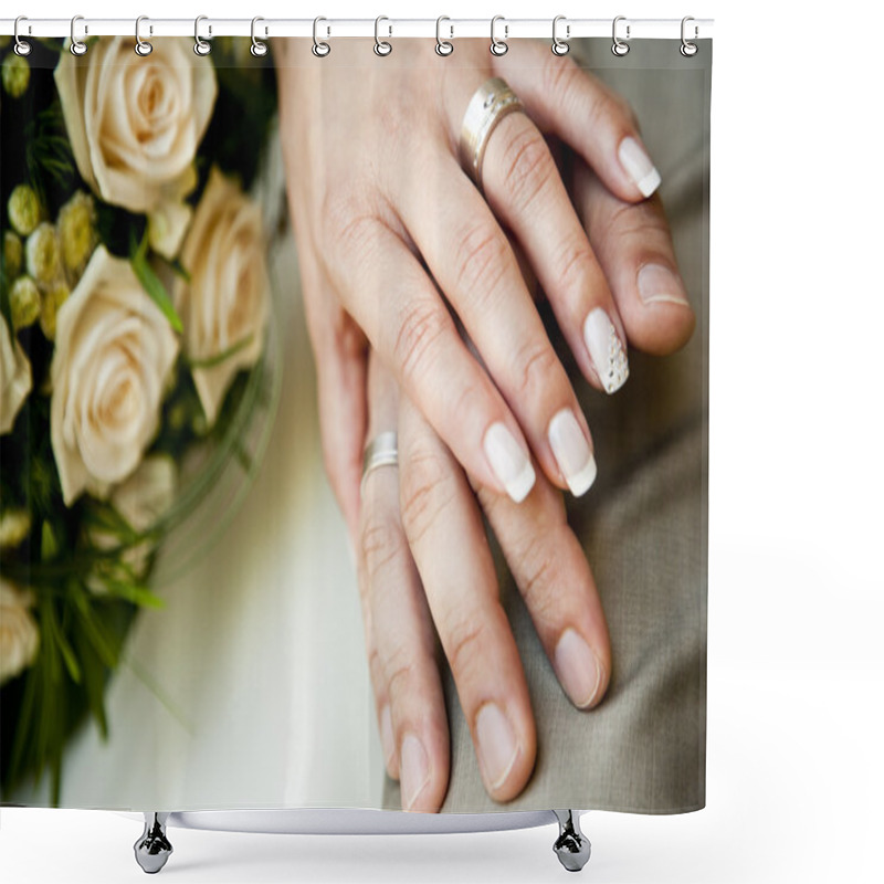 Personality  Hands Of A Young Couple With Wedding Rings. Shower Curtains