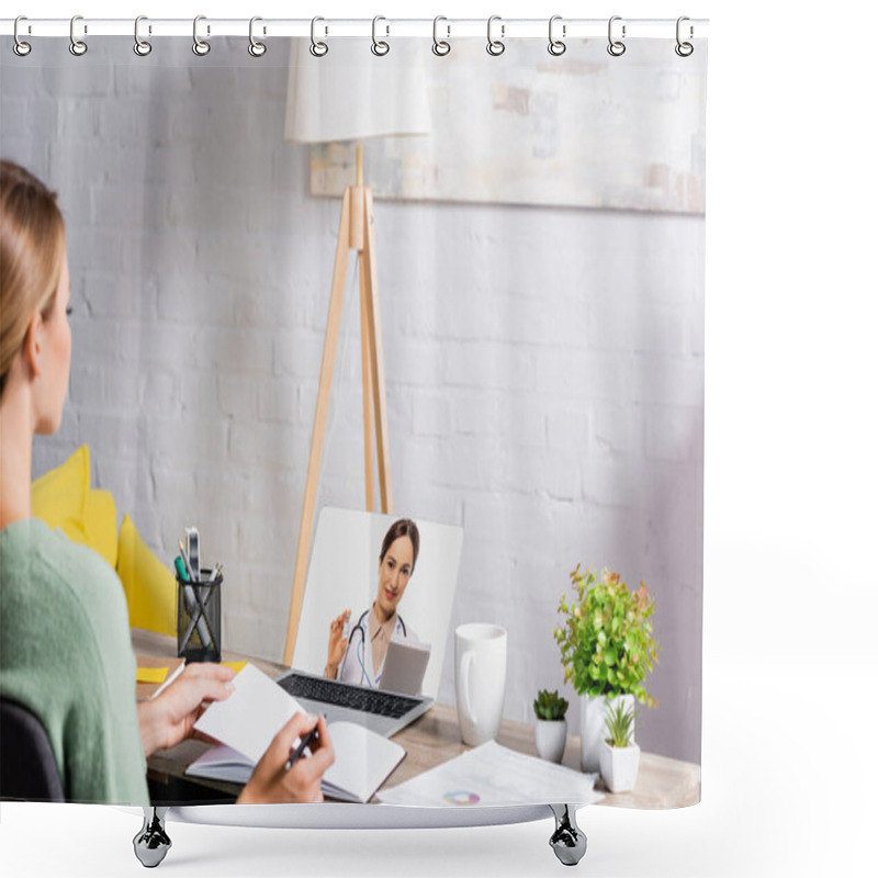 Personality  Doctor Holding Vaccine On Screen Of Laptop Near Woman Holding Pen And Notebook During Video Call On Blurred Foreground  Shower Curtains