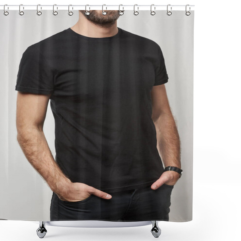 Personality  Cropped View Of Man In Basic Black T-shirt With Copy Space Isolated On White Shower Curtains