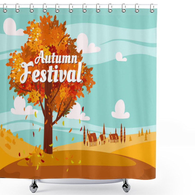 Personality  Autumn Festival Countryside Landscape, Fall Tree, Farm, Rural Village. Vector Illustration Background, Banner Shower Curtains