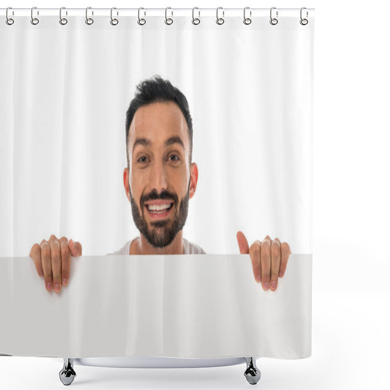 Personality  Happy Man Smiling While Holding Placard Isolated On White  Shower Curtains