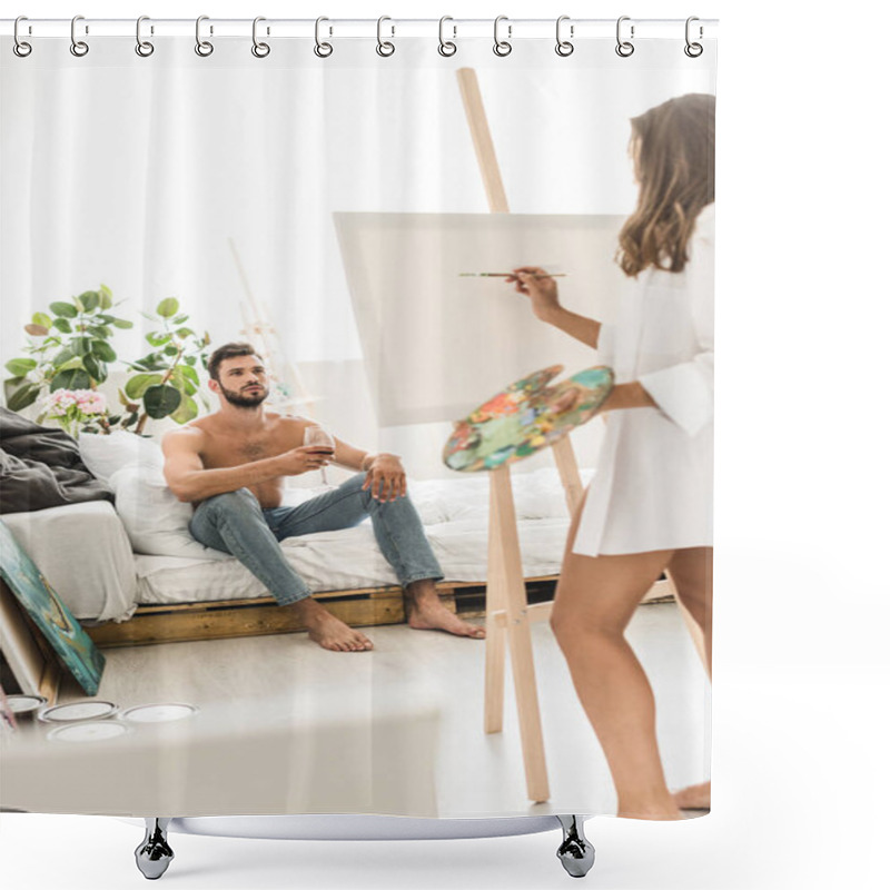 Personality  Selective Focus Of Man Sitting In Bed With Wine And Girl Drawing Guy Shower Curtains