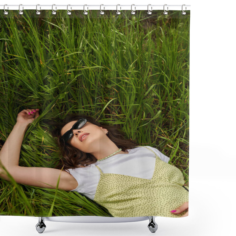 Personality  Top View Of Fashionable Brunette Woman In Sunglasses And Sundress Lying On Green Grass On Field At Summer, Natural Landscape  And Relaxing In Nature Concept, Rural Landscape Shower Curtains