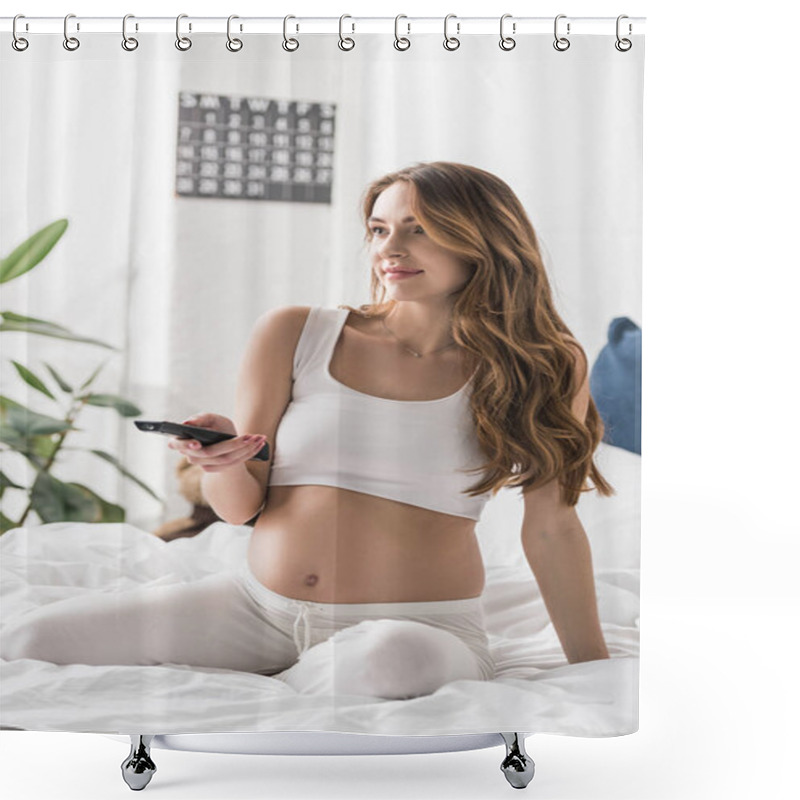 Personality  Long-haired Pregnant Woman Holding Tv Remote Control In Bed Shower Curtains