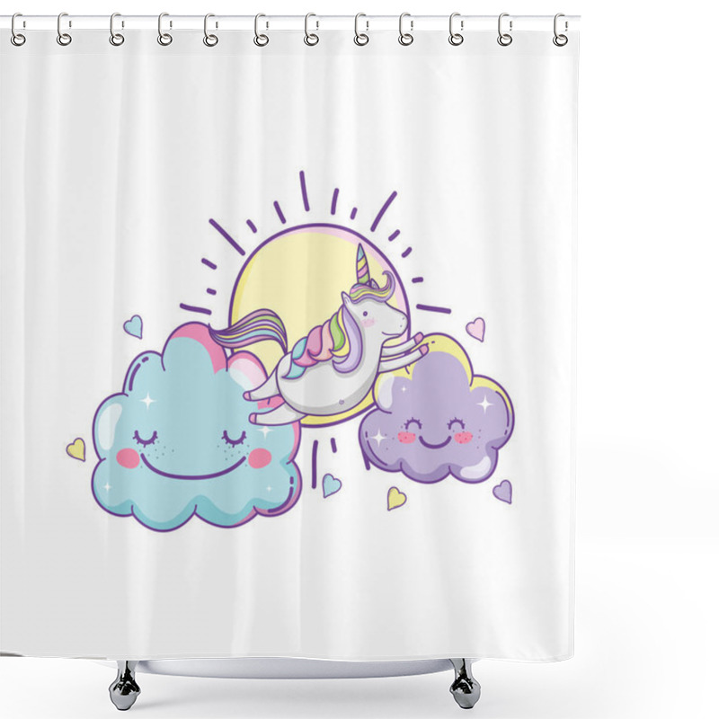 Personality  Unicorn Flying On Clouds And Sun Cute Cartoons Vector Illustration Graphic Design Shower Curtains