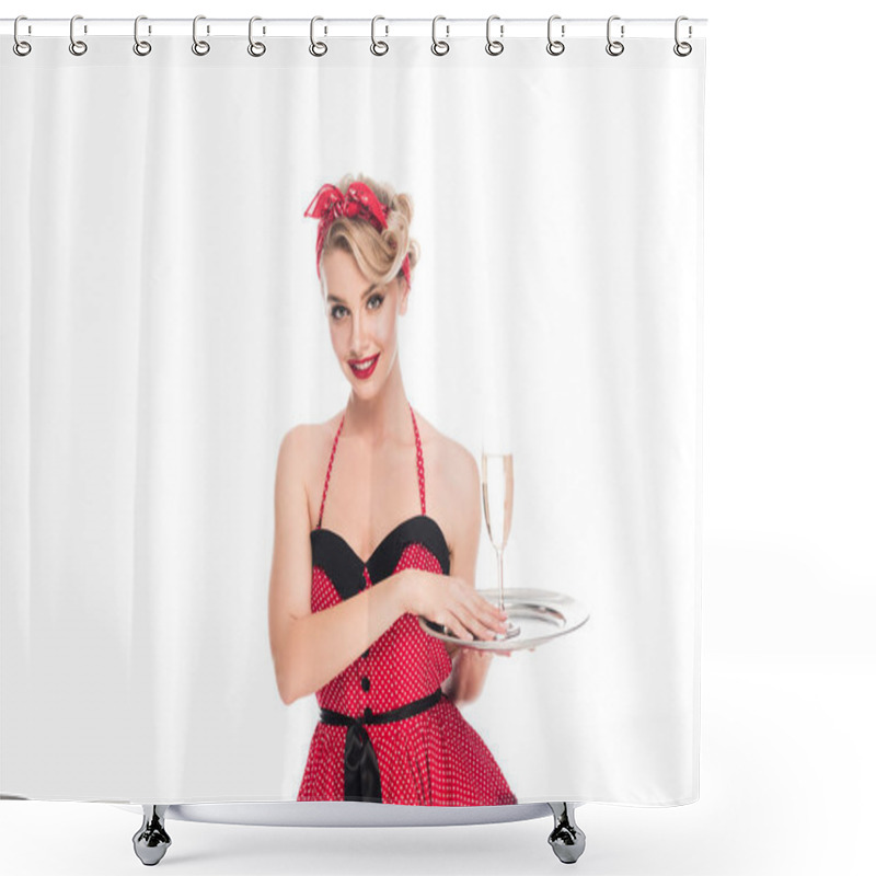 Personality  Portrait Of Smiling Woman In Retro Clothing With Glass Of Champagne On Metal Tray Isolated On White Shower Curtains