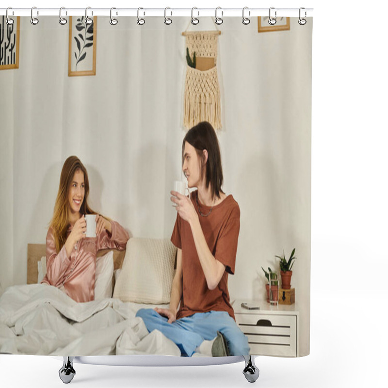 Personality  Two Young People Enjoy A Delightful Conversation While Sipping Drinks In A Chic Bedroom Ambiance. Shower Curtains