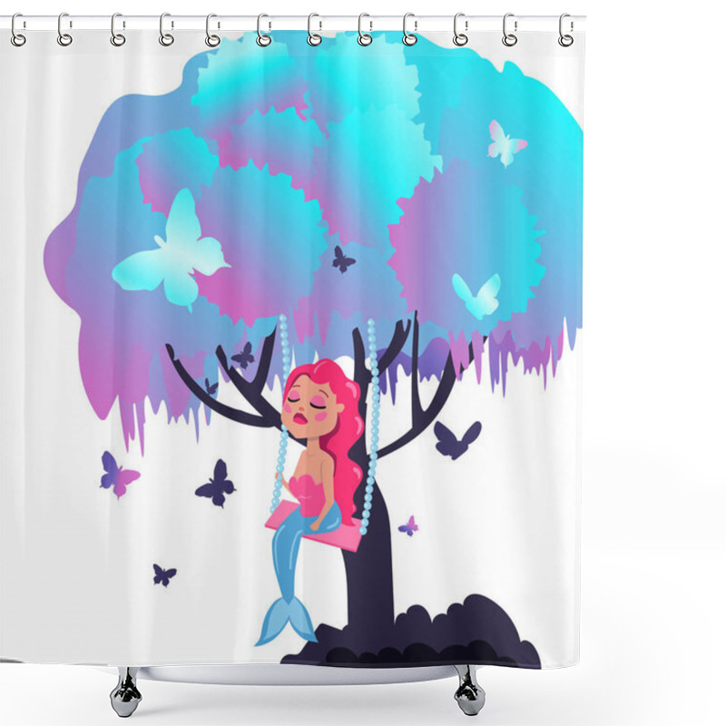 Personality  Mermaid With Pink Hair Sitting On A Swing Shower Curtains