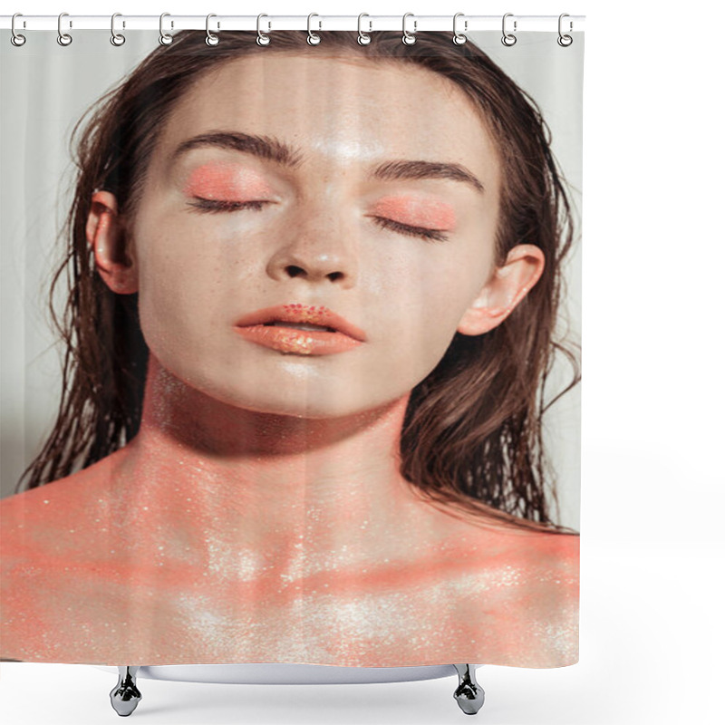 Personality  Beautiful Girl With Coral Glitter Makeup And Eyes Closed Posing Isolated On Grey Shower Curtains