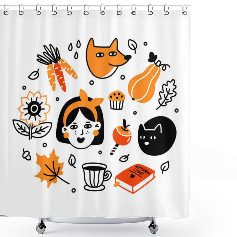 Personality  Autumn Set. Collection Of Cartoon Characters, Plants, Food And Things. Beautiful Print For Fall Season Party, Harvest Festival Or Thanksgiving Day. Shower Curtains