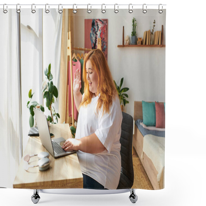 Personality  A Joyful Plus Size Woman Smiles While Waving During A Video Call At Her Cozy Home Office. Shower Curtains