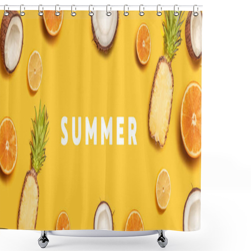 Personality  Tropical Fruit Flat Lay With Pineapple, Oranges, Lemon And Coconut On A Pastel Background. Shower Curtains