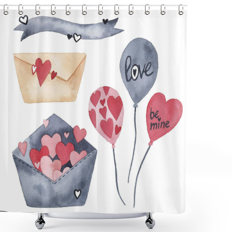 Personality  Watercolor Set With Elements For Valentine's Day On A White Background. Hearts, Sweets, Balls, Gifts And Other Cute Items Shower Curtains