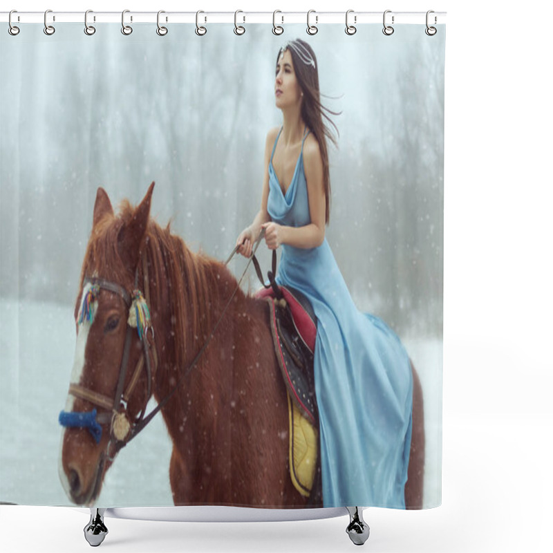 Personality  Portrait Of A Beautiful Young Brunette Riding A Horse On A Frozen Lake. Shower Curtains