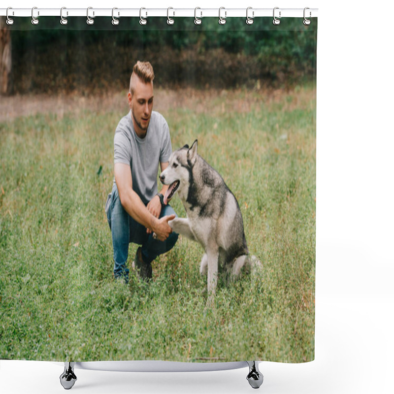 Personality  Cynologist Playing With Siberian Husky Dog In Park Shower Curtains