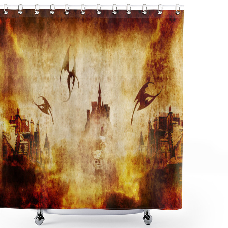 Personality  Spooky Castle And Town Burning2 Shower Curtains