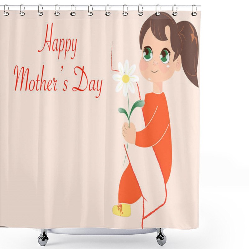 Personality  Illustration Of Smiling Girl Holding Flowers Near Happy Mothers Day Lettering On Pink Shower Curtains