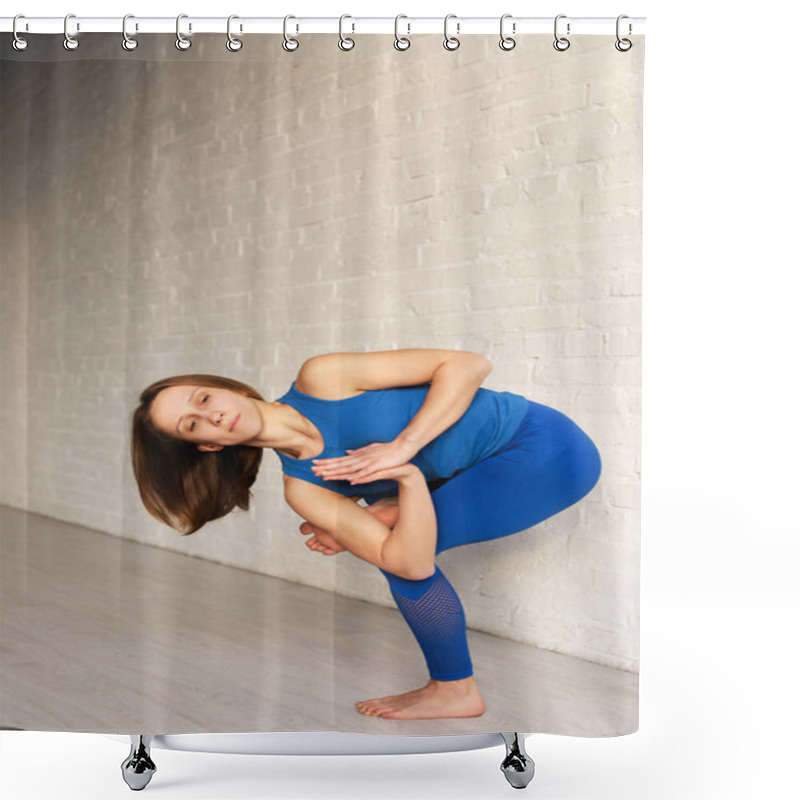 Personality  Flexible Woman In Blue Sportswear Doing Bound Revolved Chair Exercise  Shower Curtains