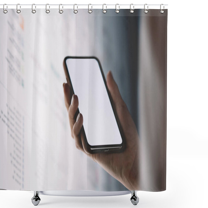 Personality  Close Up View Of Hand Holding Modern Smartphone With Big Blank Screen For Content Template. Person Using Interactive Internet Kiosk And Application On Mobile Phone. Copy Space Area For Advertising Shower Curtains