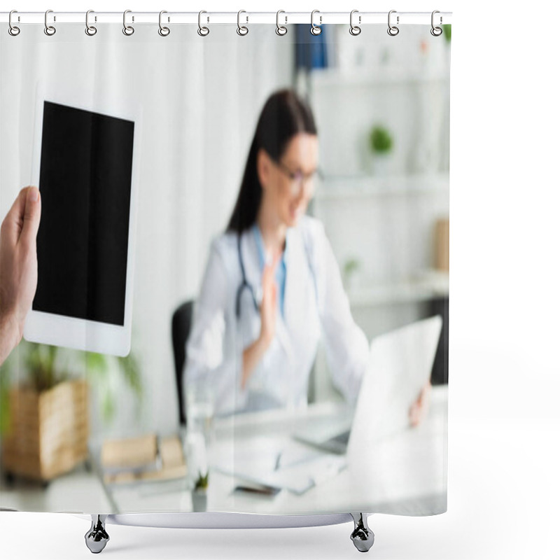 Personality  Cropped View Of Man Holding Digital Tablet With Blank Screen In Clinic Office With Doctor Having Online Consultation On Laptop Shower Curtains