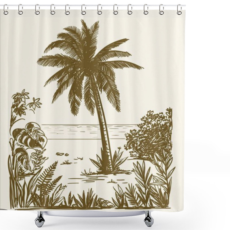 Personality  Three Palm Trees Grow On A Wild Beach. Vector Sketch On White Background Shower Curtains