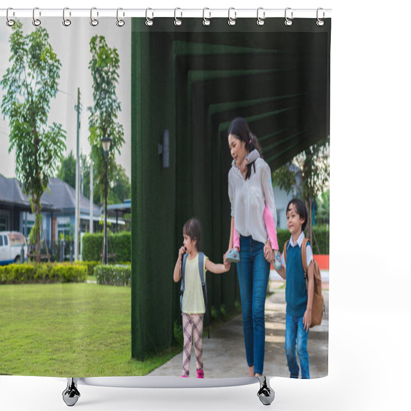 Personality  Single Mom Carrying And Playing With Her Children In Garden With Green Wall Background. People And Lifestyles Concept. Happy Family And Home Sweet Home Theme. Outdoors And Nature Theme. Shower Curtains