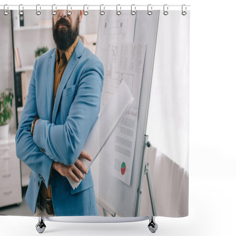 Personality  Cropped View Of Adult Male Architect In Blue Formal Wear Holding Blueprint, Using Flip Chart And Working On Project In Office Shower Curtains