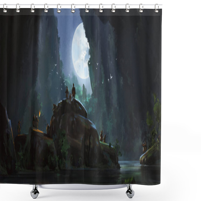 Personality  A Group Of Elves Lived Among The Human Remains In The Cave, 3D Illustration. Shower Curtains