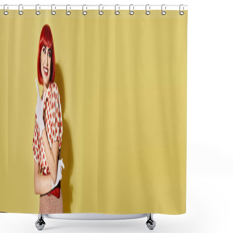 Personality  A Stunning Redhead Woman With Pop Art Makeup Strikes A Pose On A Vibrant Yellow Backdrop. She Exudes Comic Book Glamour. Shower Curtains