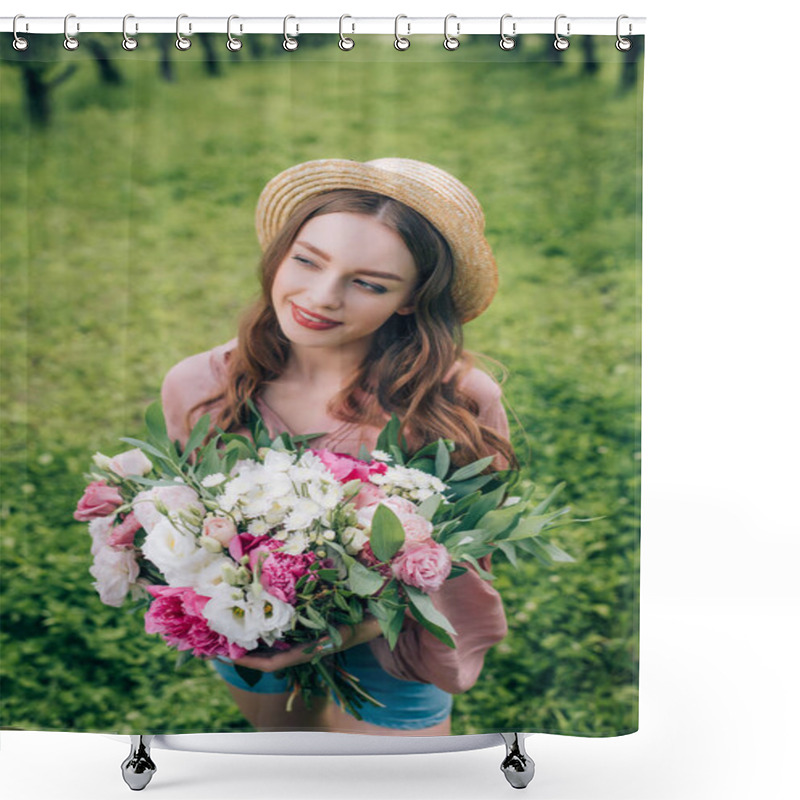 Personality  High Angle View Of Beautiful Smiling Woman In Hat With Bouquet Of Flowers Looking Away In Park Shower Curtains