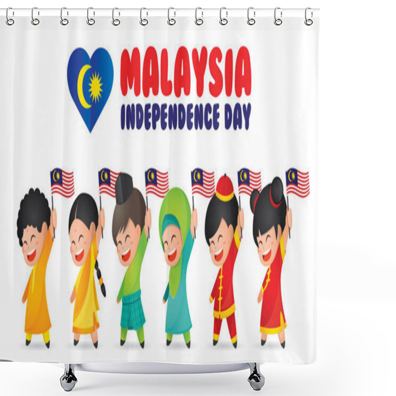 Personality  Malaysia National / Independence Day Illustration. Cute Cartoon Character Kids Of Malay, Indian & Chinese Holding Malaysia Flag. 31 August, Merdeka. Shower Curtains