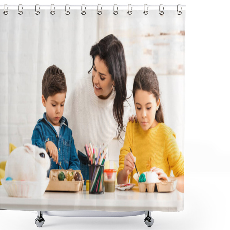 Personality  Happy Woman Looking At Adorable Children Painting Easter Eggs While Sitting At Table Near White Rabbit In Wicker Shower Curtains