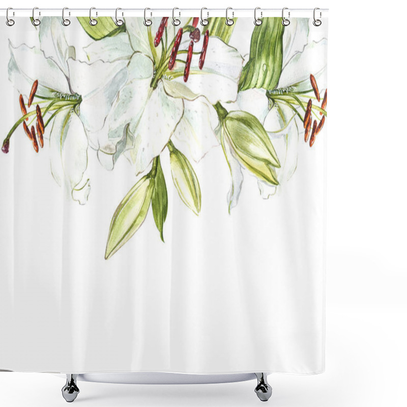 Personality  Watercolor Set Of White Lilies, Hand Drawn Botanical Illustration Of Flowers Isolated On A White Background. Shower Curtains