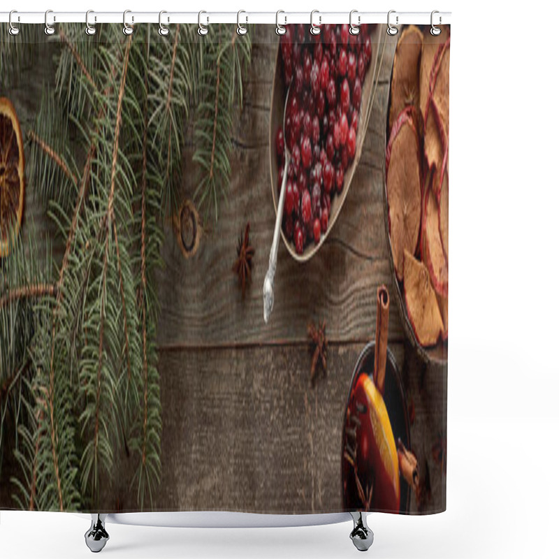 Personality  Top View Of Red Spiced Mulled Wine With Berries, Anise, Orange Slices And Cinnamon On Wooden Rustic Table Near Fir Branch, Panoramic Shot Shower Curtains