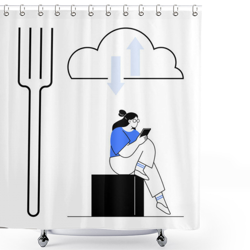 Personality  Woman Reading Tablet While Sitting On A Box Beside A Giant Fork And Cloud With Up And Down Arrows. Ideal For Technology, Data, Reading, Digital Tools, Cloud Computing, Modern Life, Lifestyle Shower Curtains