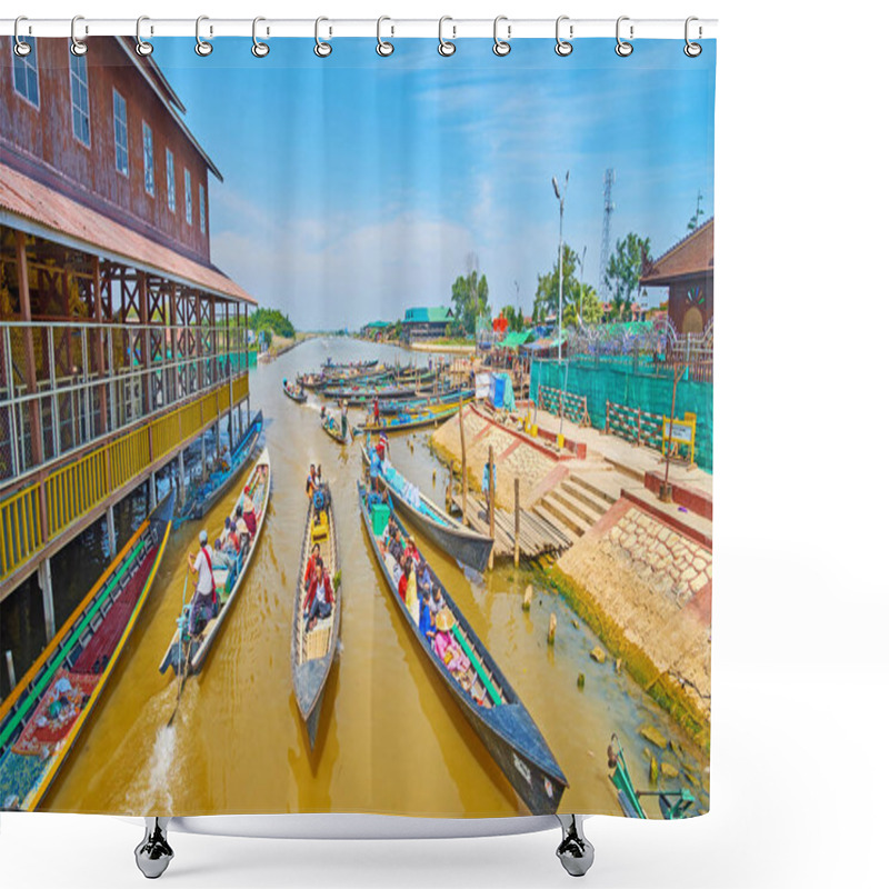 Personality  YWAMA, MYANMAR - FEBRUARY 18, 2018: The Busy Canal Of Inle Lake With Many Floating Canoe Boats Next To The Wharf Of Hpaung Daw U Pagoda, On February 18 In Ywama. Shower Curtains