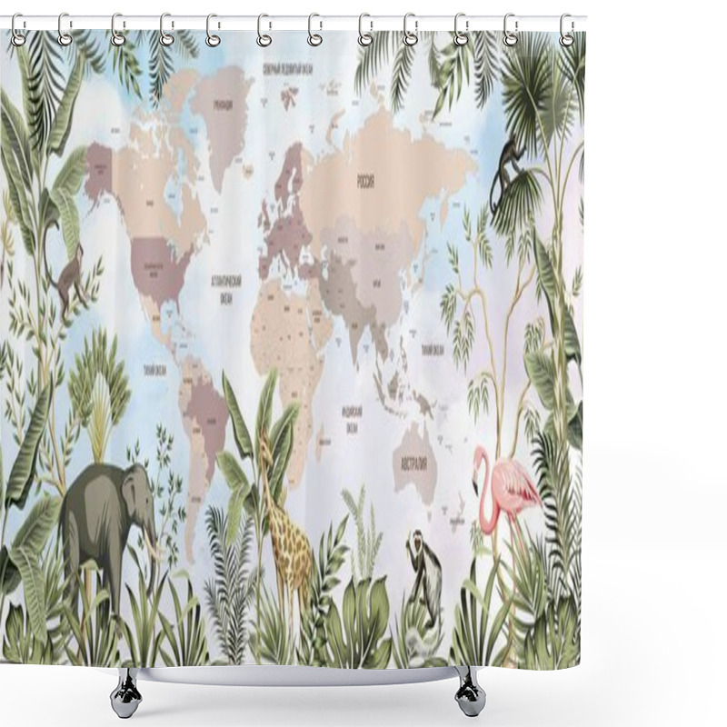 Personality  Children's World Map. World Map With The Names Of Countries In Russian. Russia, America, Africa, Australia, Europe, Antarctica. A Drawn Map Of The World With Animals. Shower Curtains