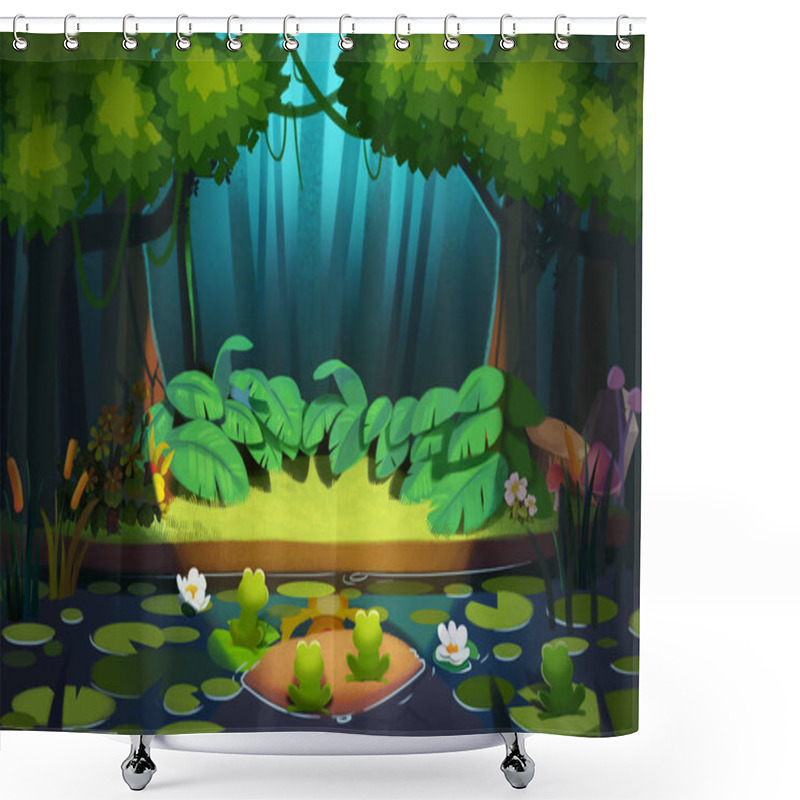 Personality  Spotlight Is Brightened In The Forest. Realistic Fantastic Cartoon Style Scene, Wallpaper, Background Design. Illustration Shower Curtains