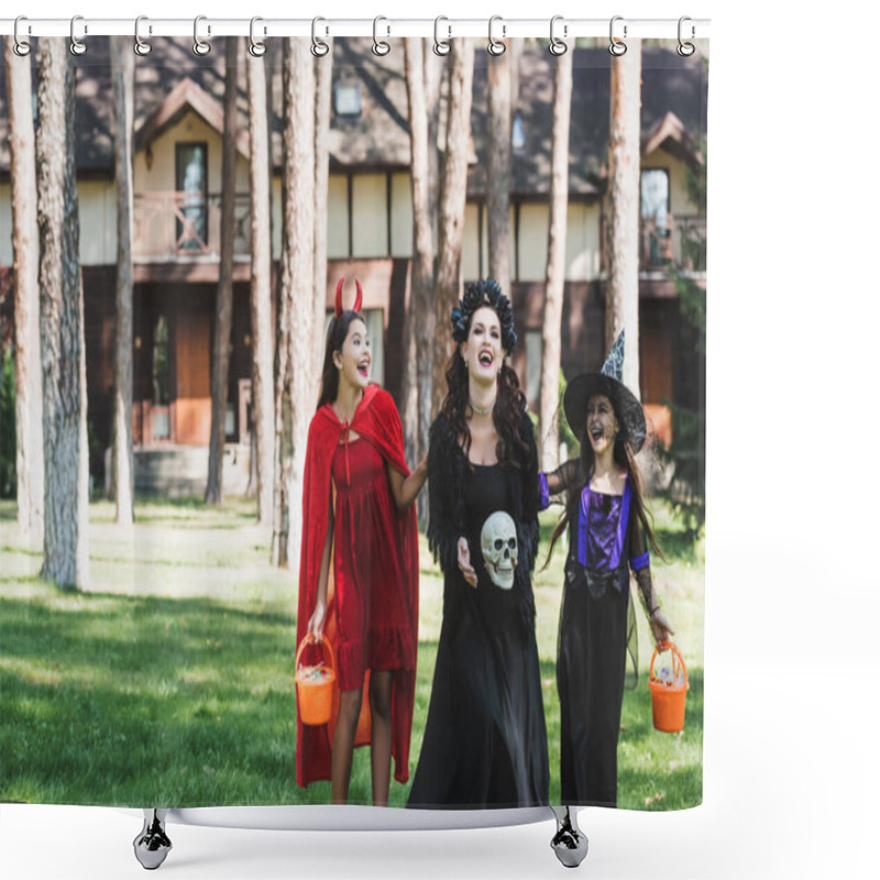 Personality  Happy Woman With Daughters In Halloween Costumes Laughing In Forest Near Blurred Cottage Shower Curtains