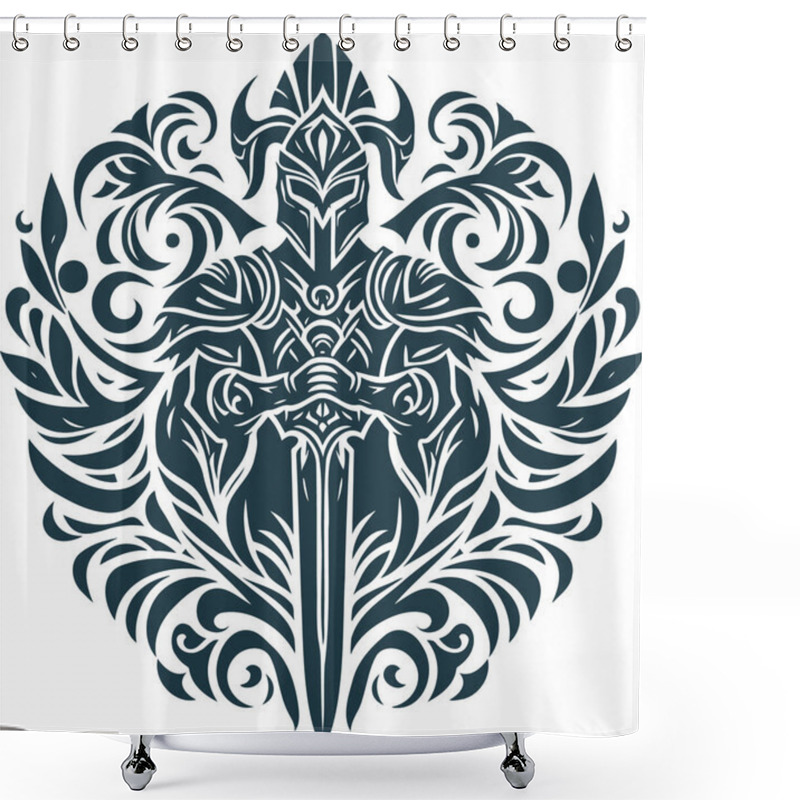 Personality  Fantasy Warrior Helmet With Sword Ornate Vector Design Pattern Shower Curtains