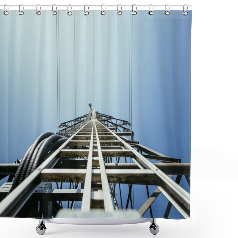 Personality  Close Up Of Electrical Tower And Blue Sky. Renewable Energy And  Shower Curtains